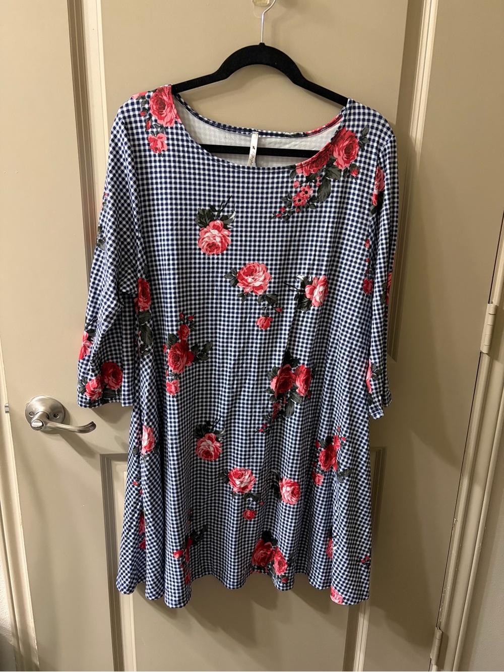 42pops Gingham Check Floral Swing Dress - Navy & Pink Roses
